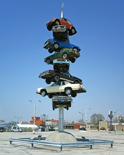 "The Spike" car sculpture that graced the parking lot of the Cermak Shopping Plaza has since been demolished.